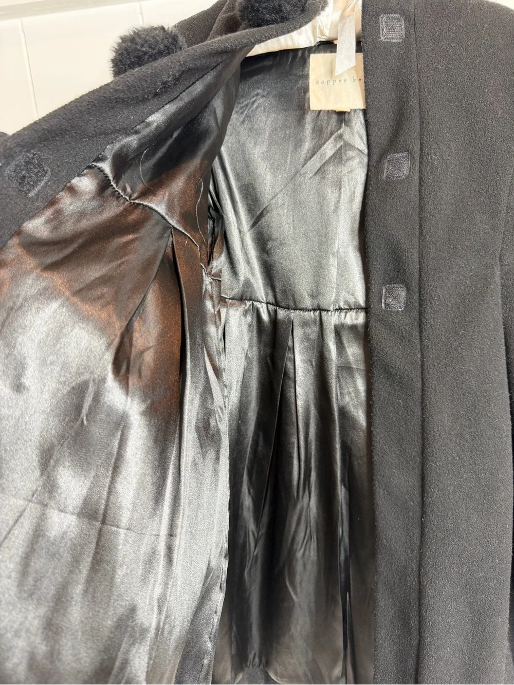 Copper Key Black Kids' Swing Coat with Pom-Pom Buttons